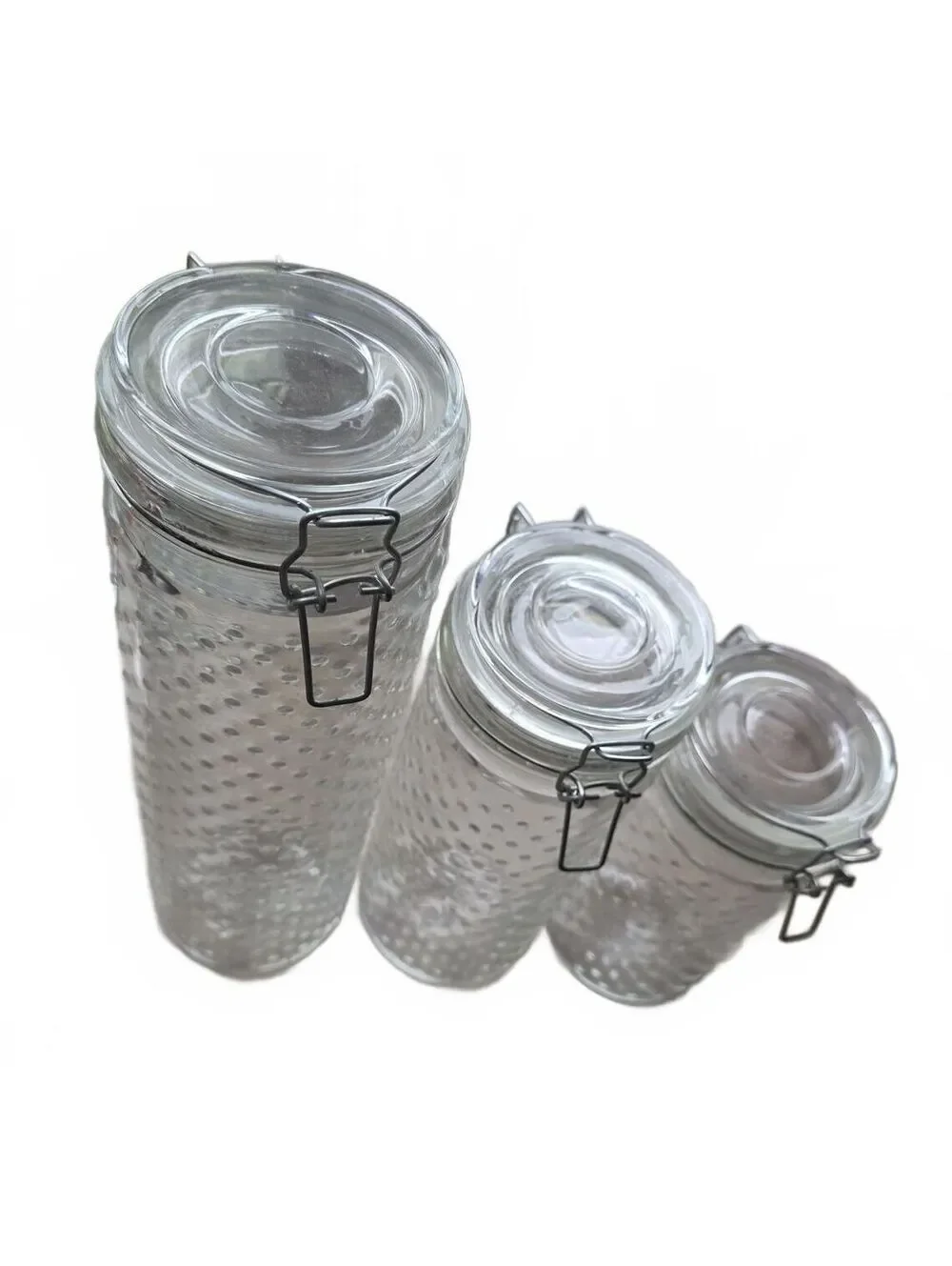 Set of 3 Clear Hobnail Glass Canisters Wire Bail Clamp Lids
